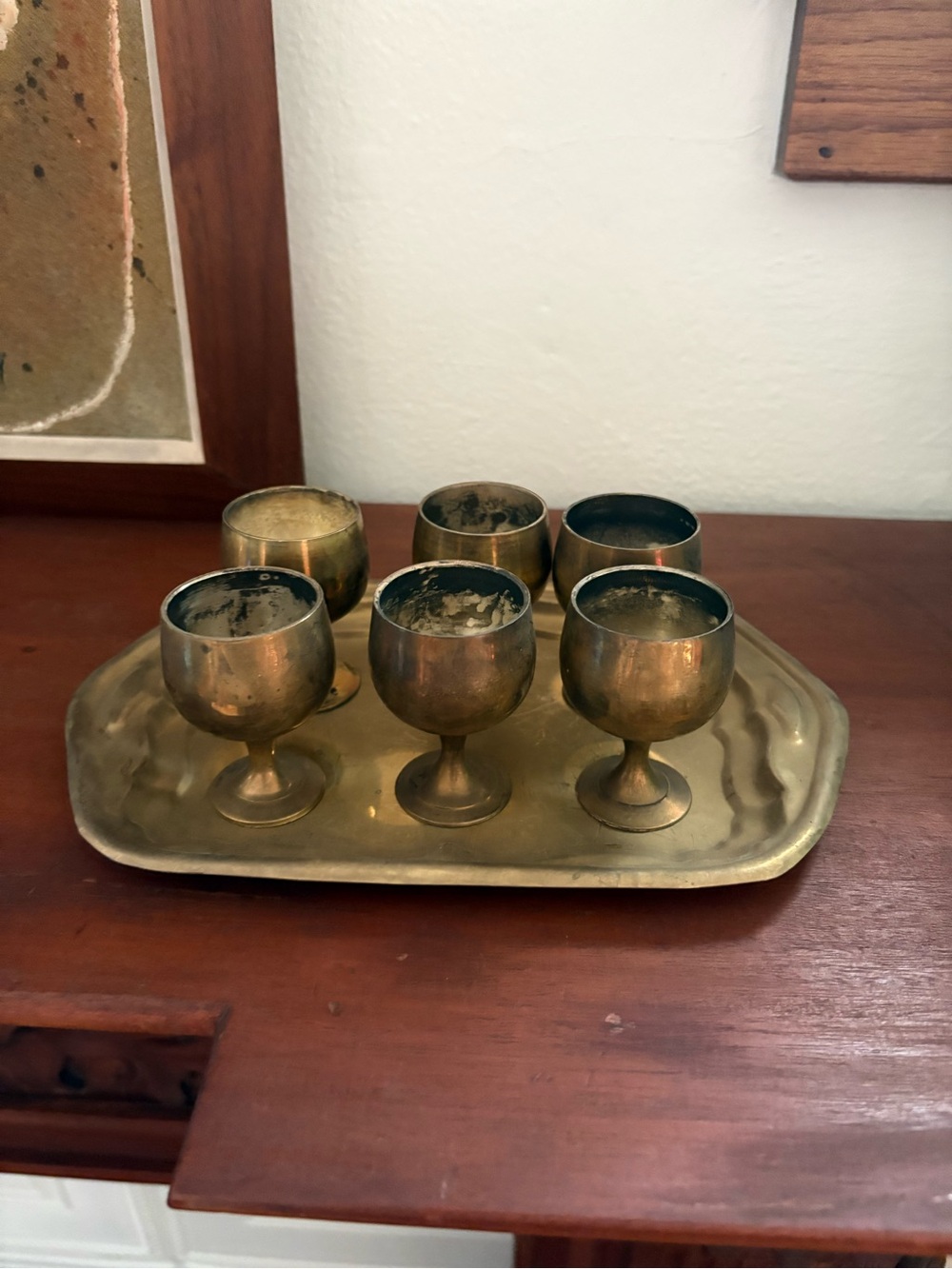 Set of 6 Vintage Brass Small Wine Cordial Goblets Cups With Tray
